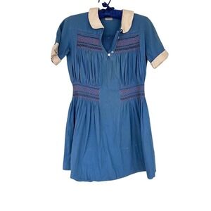 Esmeralda Vintage 40s Blue Embroidered Cotton Work Dress Size M